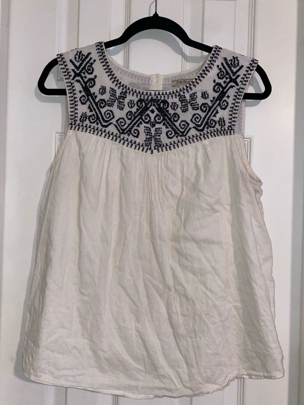 Lucky Brand White Sleeveless Cotton Top‎ with Black Embroidered Yoke